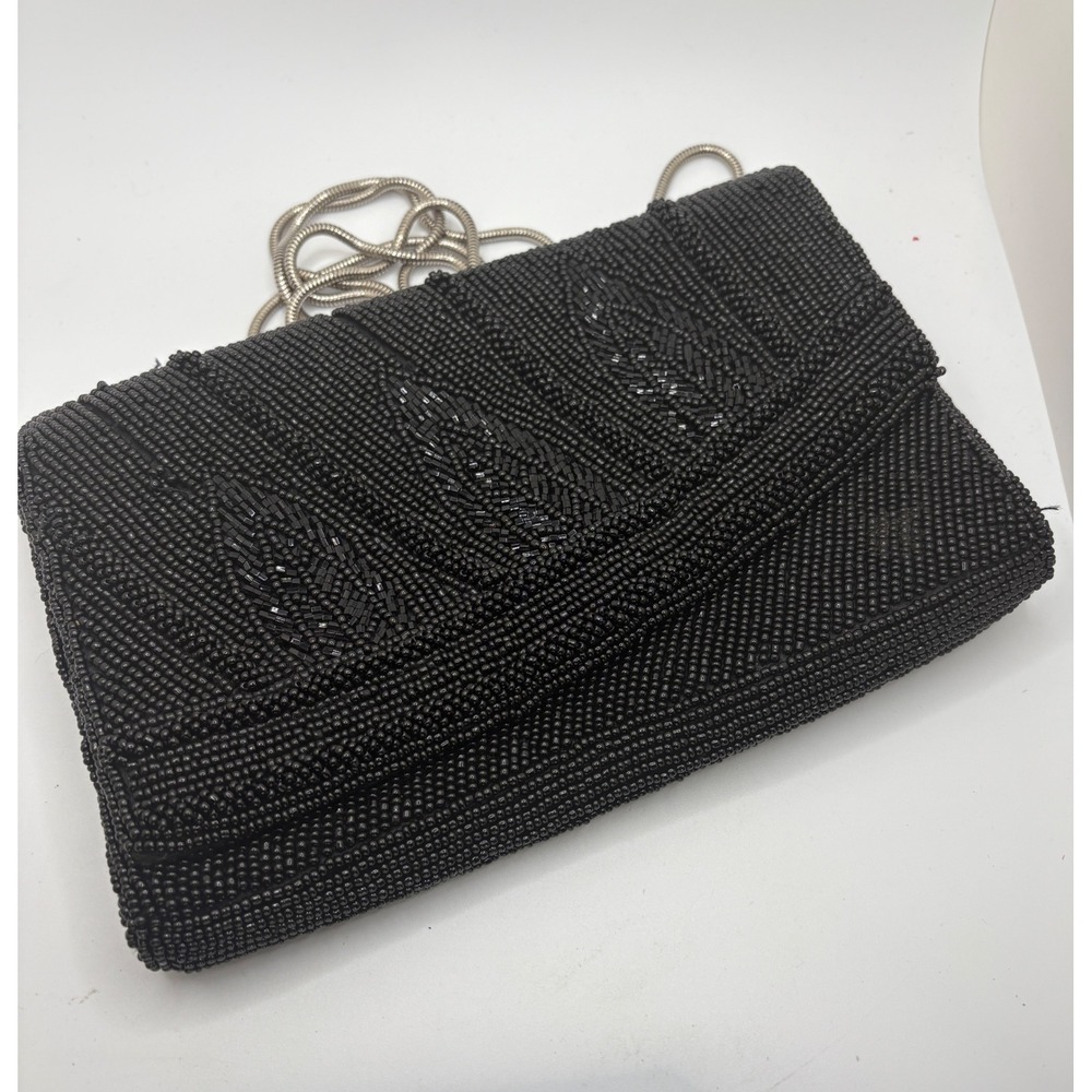 Black Beaded‎ Clutch Evening Bag Silver Chain Strap Formal Party Purse